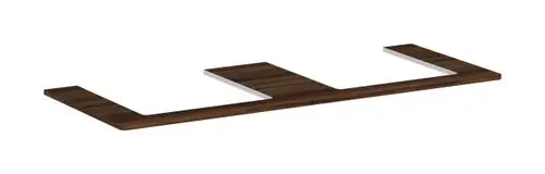 Konsole in Nussbaum Dunkel von Hansgrohe mit zwei Ausschnitten für Aufsatzwaschtisch, flache Oberfläche ohne sichtbare Beschläge.